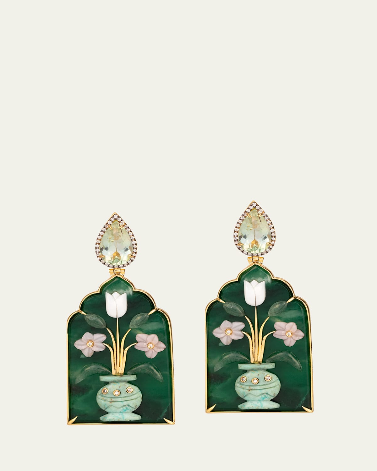 Silvia Furmanovich 18K Yellow Gold Window Shape Malachite Earrings with Mother Of Pearl, Pink Opal, Chrysocolla, Diamonds and Prasiolite