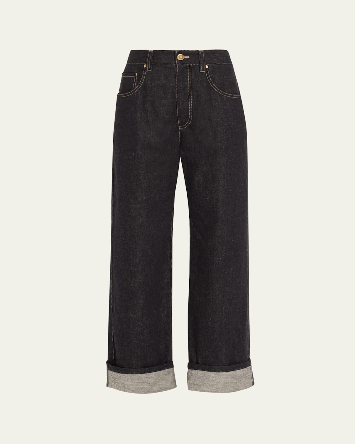 Brunello Cucinelli Dark-wash Wide-leg Cuffed Jeans In Black