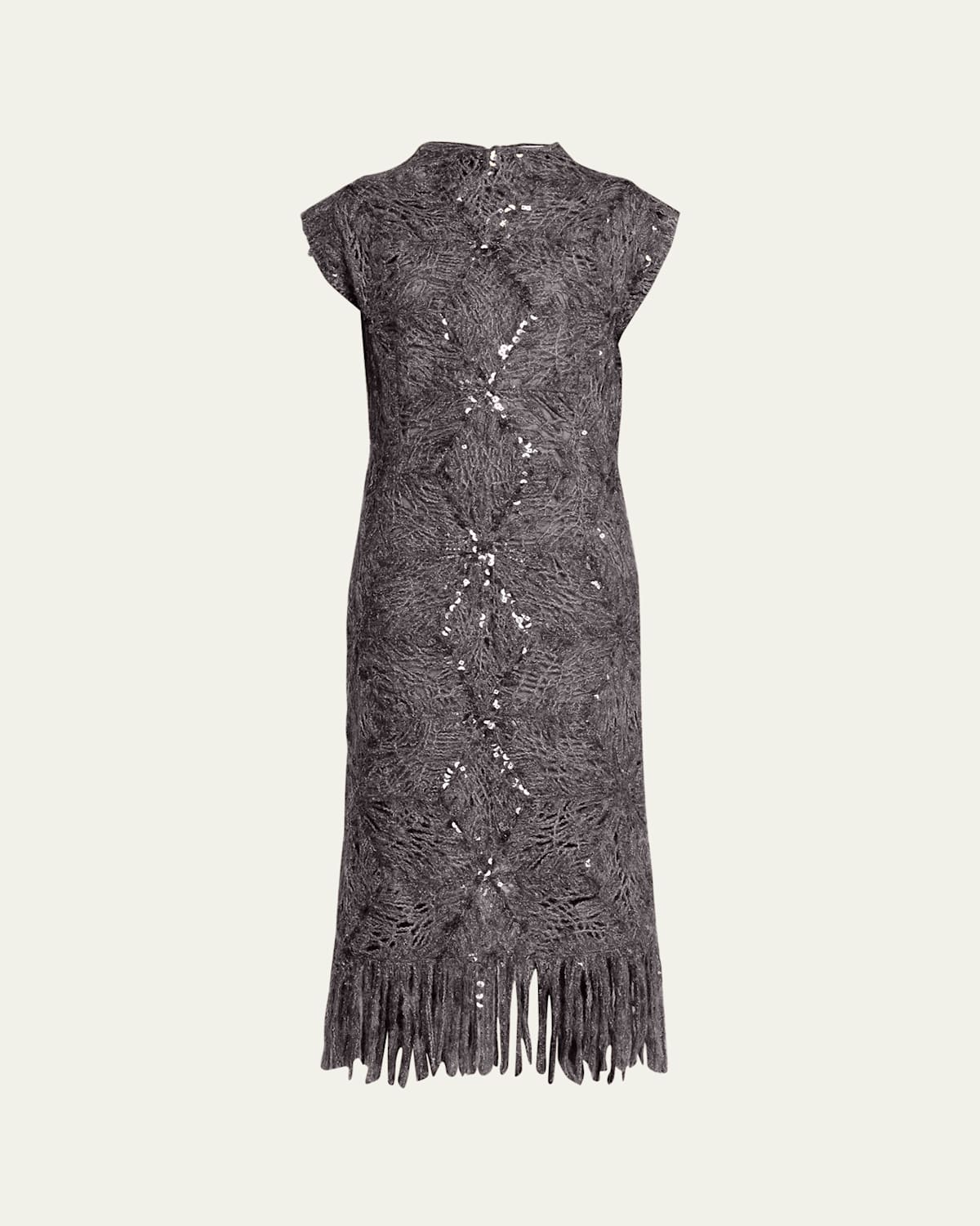Brunello Cucinelli Frosty Sequined Wool-cashmere Fringe Midi Dress In Gray