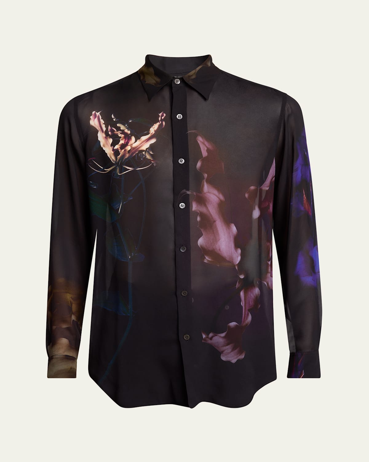 Dries Van Noten Men's Viscose Floral Point Collar Button-down Shirt In Black