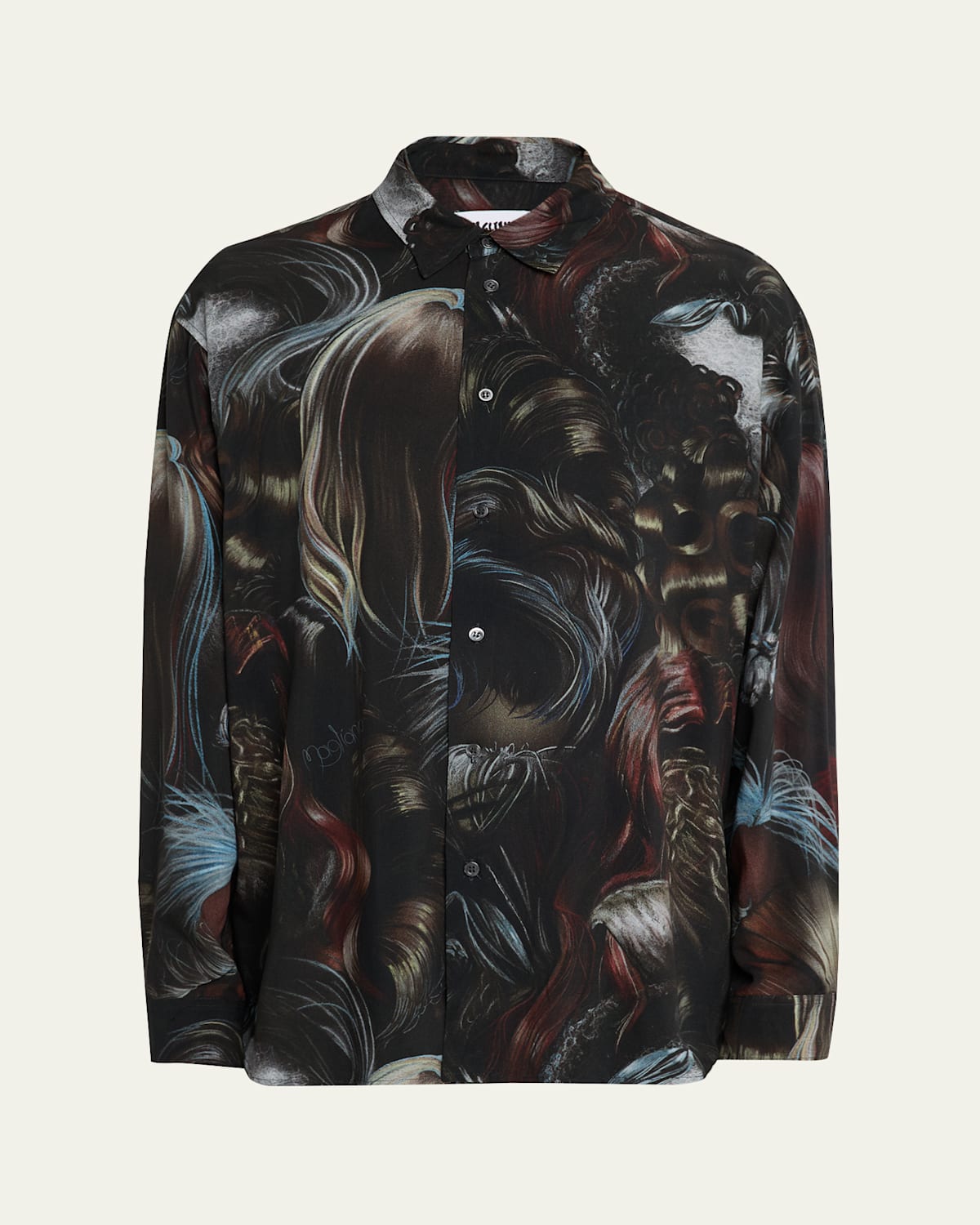 Magliano Wig Motif All-over Print Shirt With Asymmetric Hem In Black
