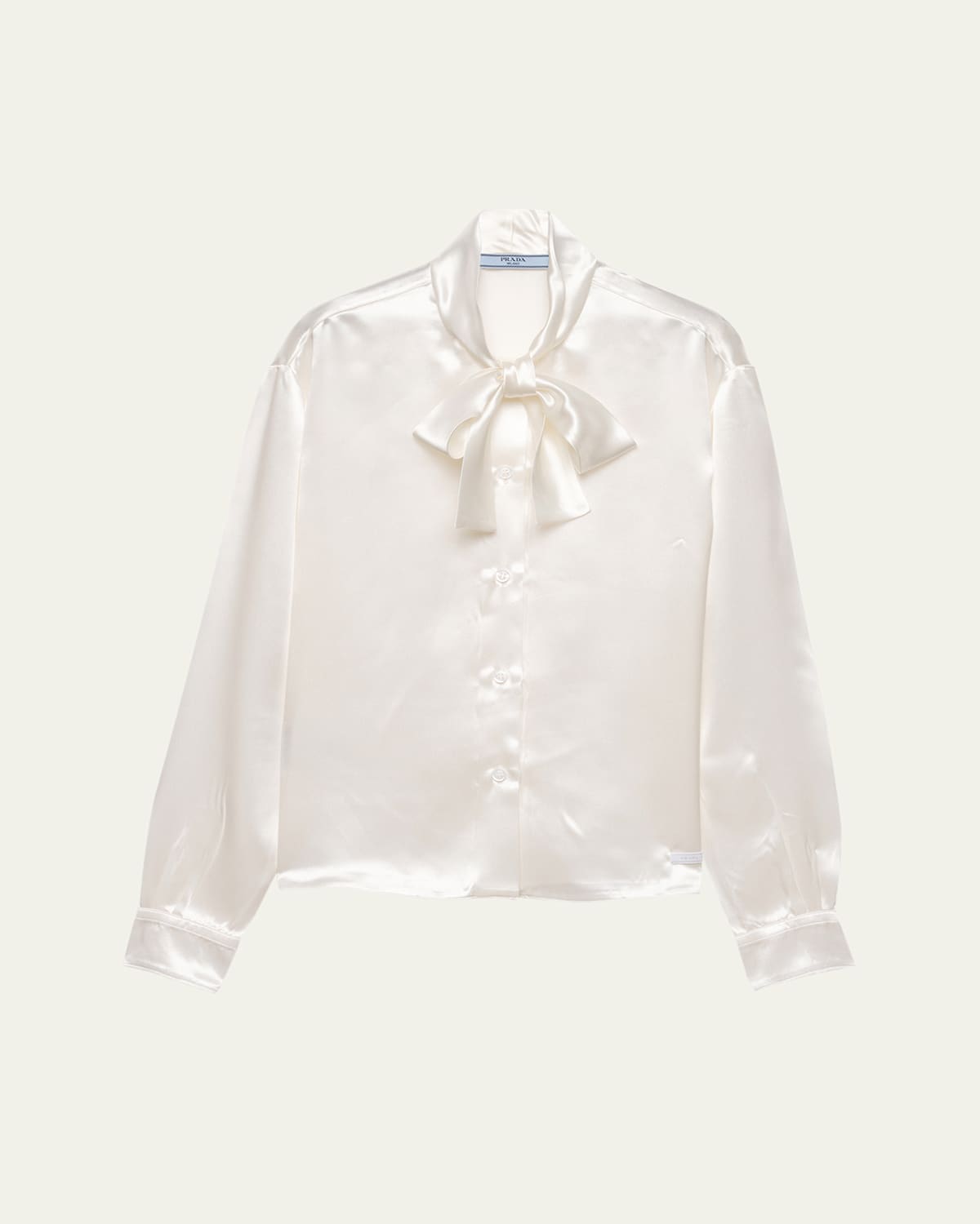 Prada Satin Bow-neck Button-down Blouse In White