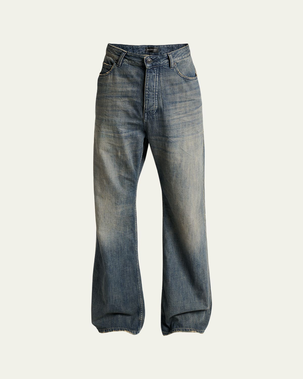 Balenciaga Men's Faded Denim Relaxed-fit Bootcut Jeans In Blue