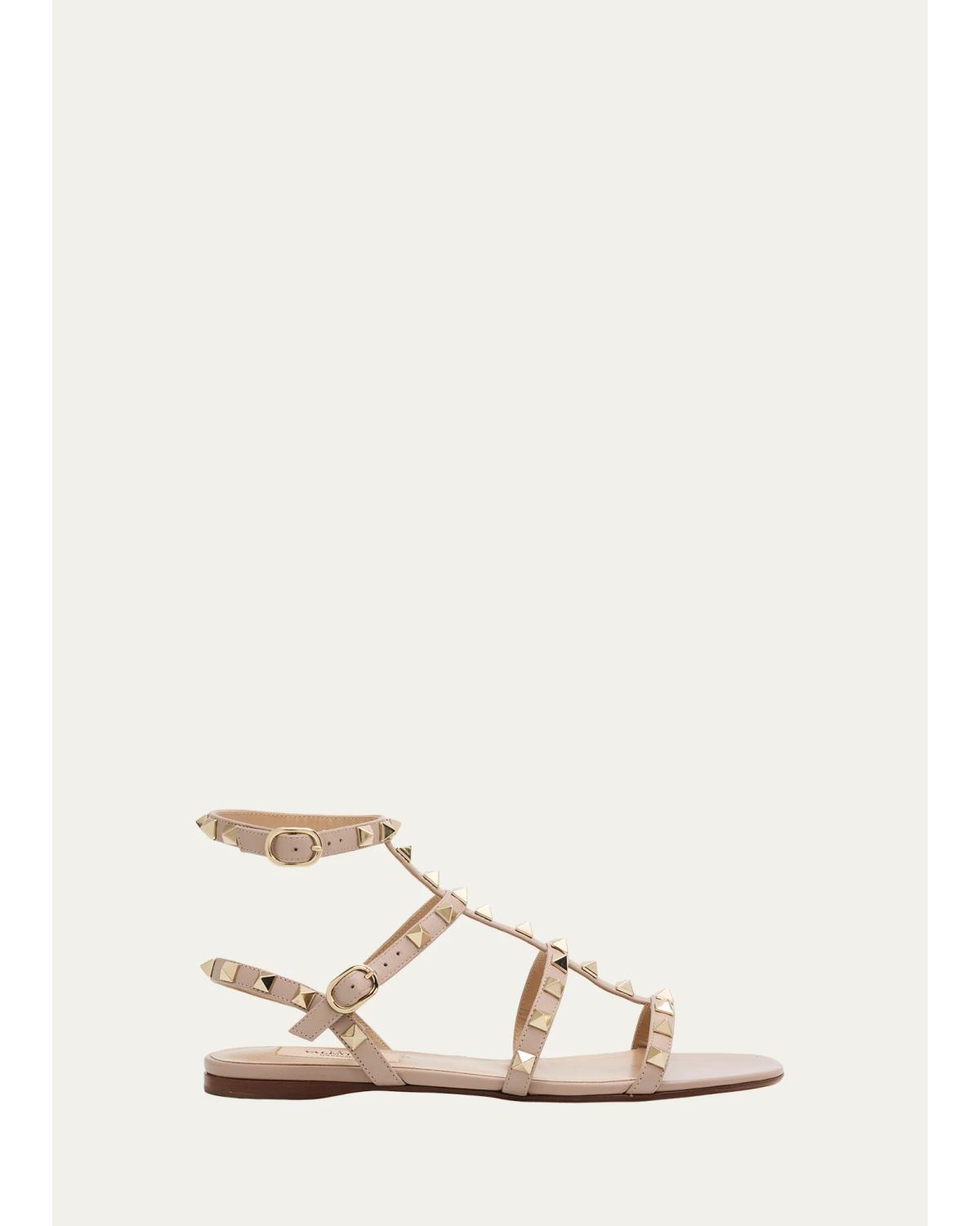 Rockstud Leather Flat Ankle-Strap Sandals