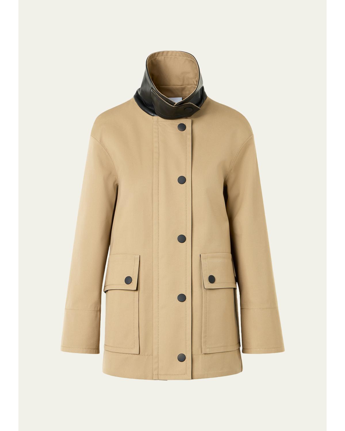 Faux-Leather Collar Cotton Gabardine Parka Jacket