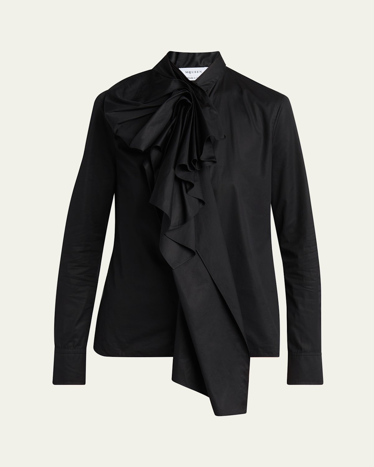 Alexander Mcqueen Draped Ruffle Cotton Poplin Blouse In Black