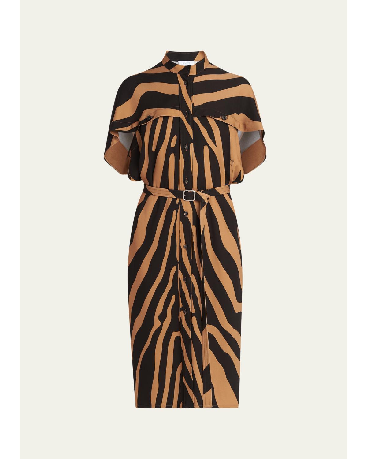 Zebra Silk-Blend Belted Midi Utility Shirtdress