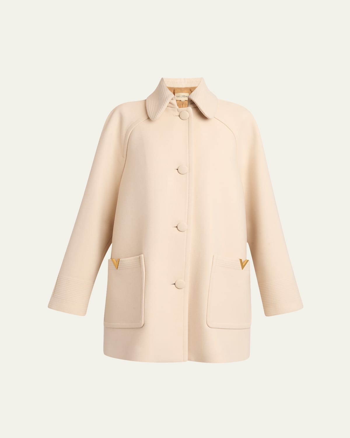Valentino Wool Coat With Rounded Collar And Pockets In Neutral
