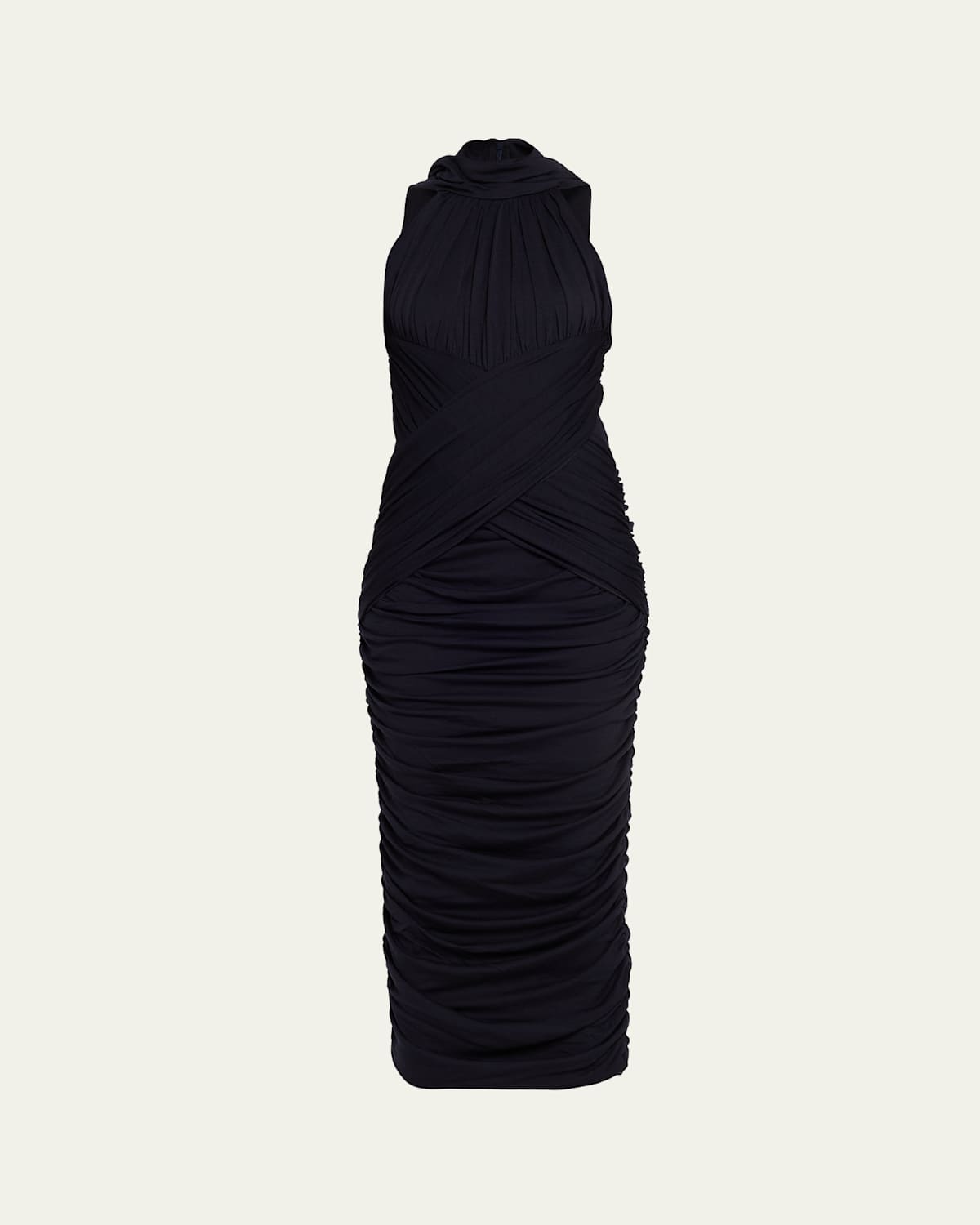 Balmain Draped Crisscross Jersey Halter Midi Dress In Blue