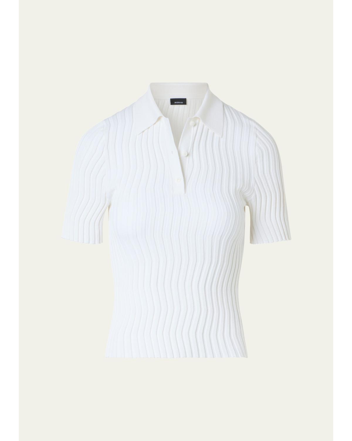 Zigzag Rib Knit Short-Sleeve Polo Sweater