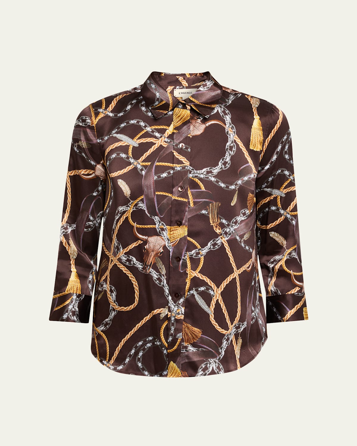 L'agence Dani Western Chain Print Silk Button-up Shirt In Brown