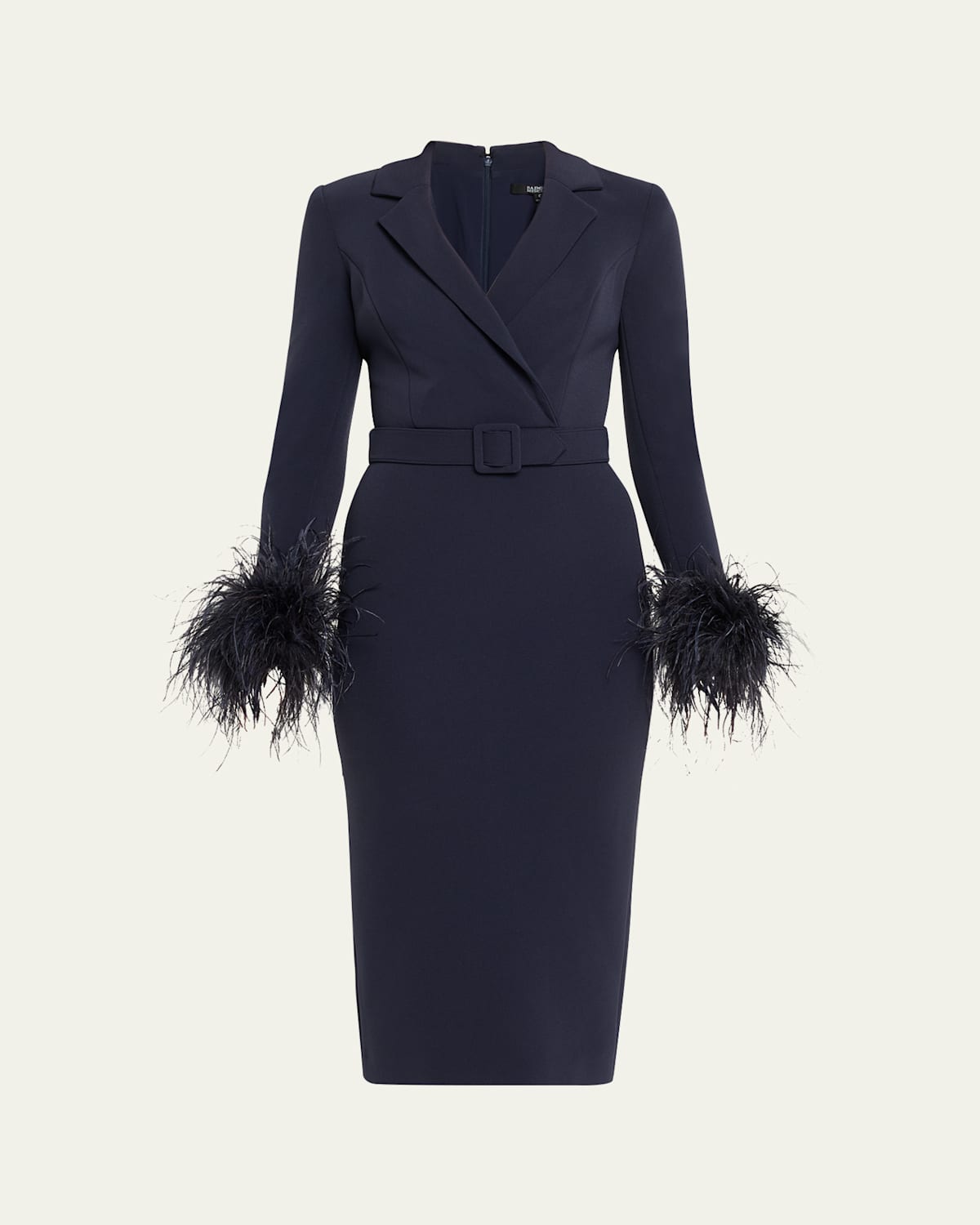 Badgley Mischka Belted Feather-cuff Midi Sheath Dress In Blue