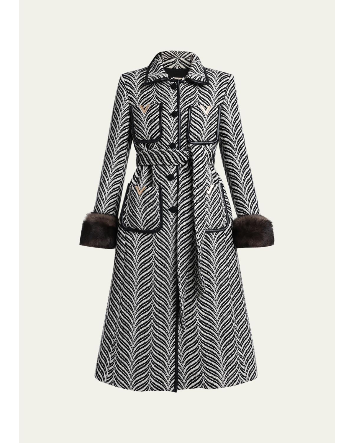 Lamb Shearling Cuff Belted Herringbone Coat