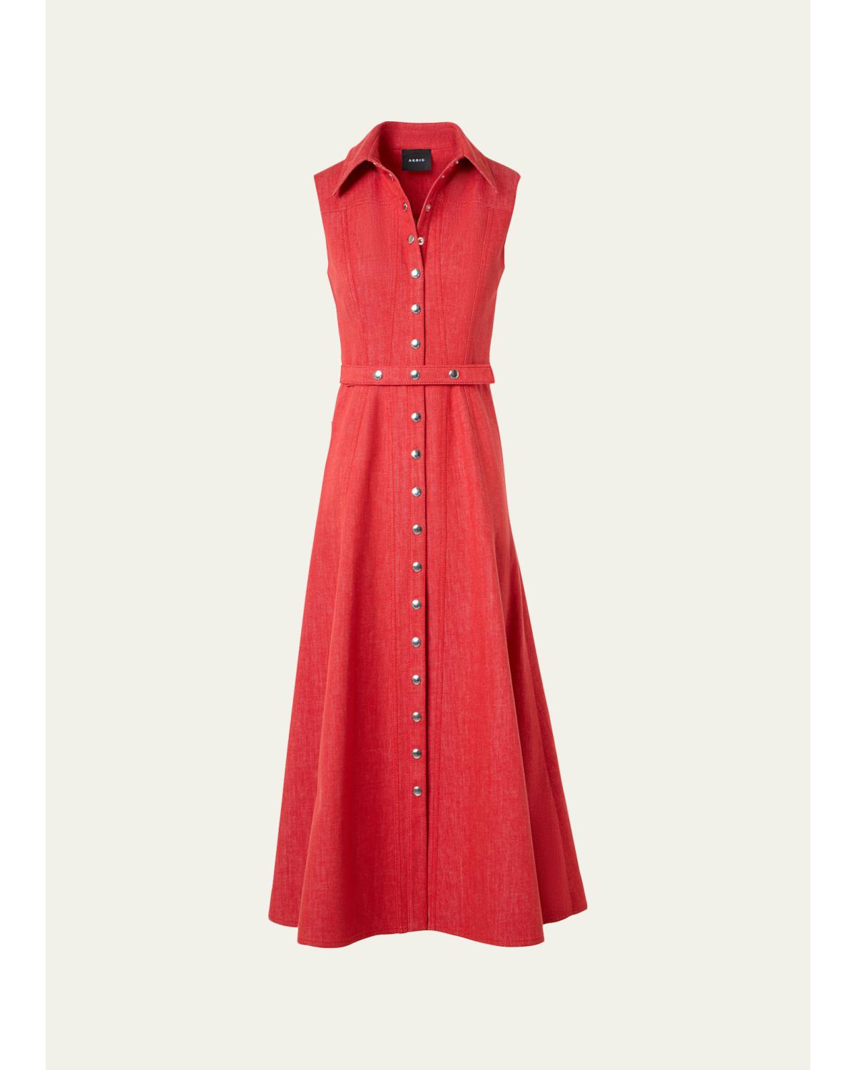 Sleeveless Belted Denim Midi Shirtdress