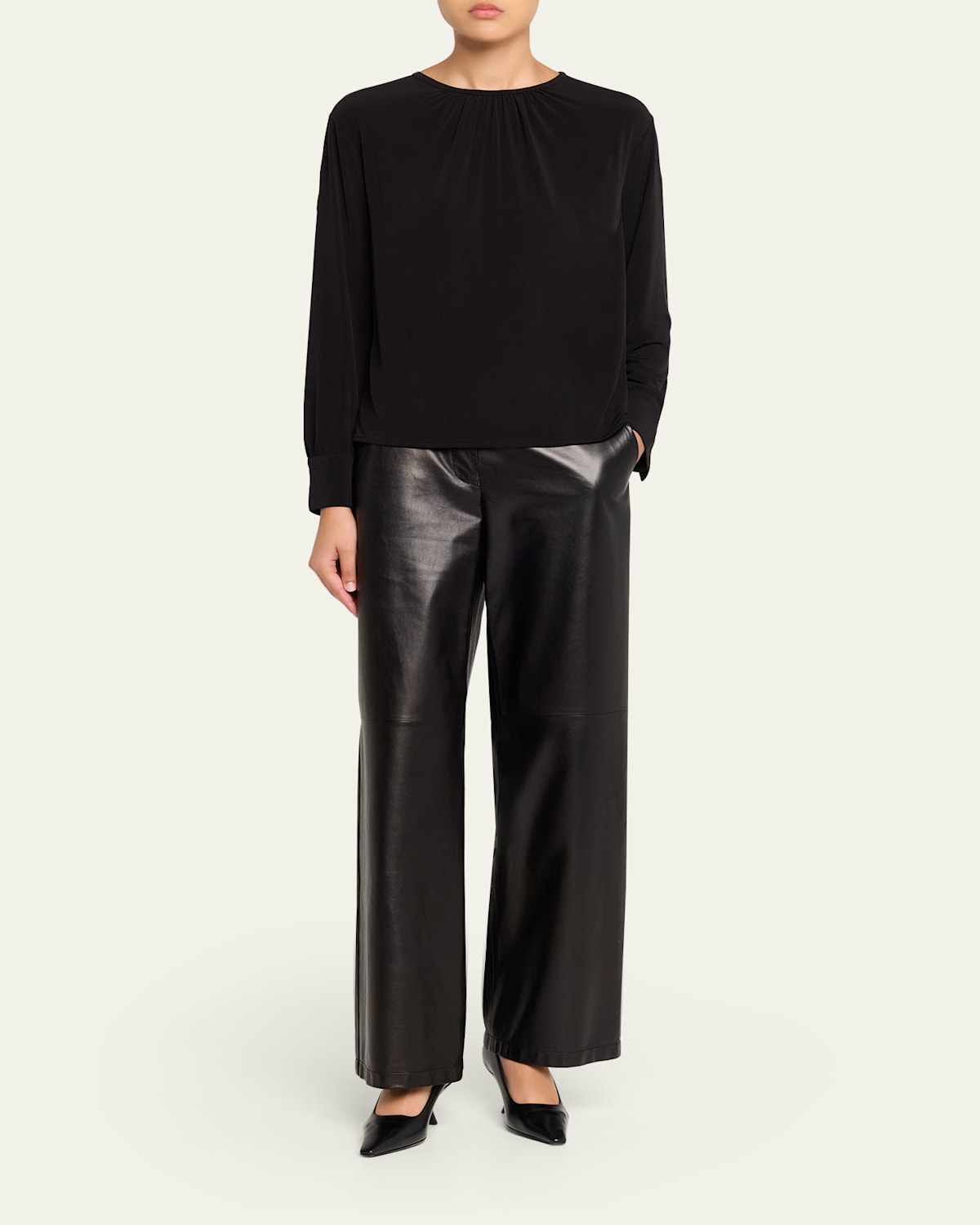Gathered Long-Sleeve Crepe Blouse