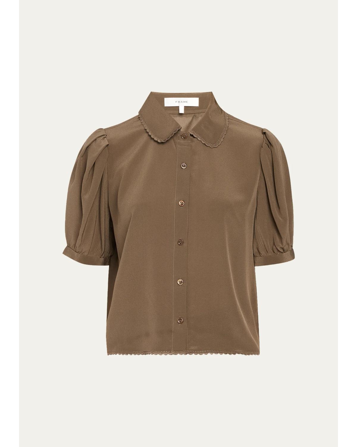 Frame The Silk Prim Blouse In Deep Olive