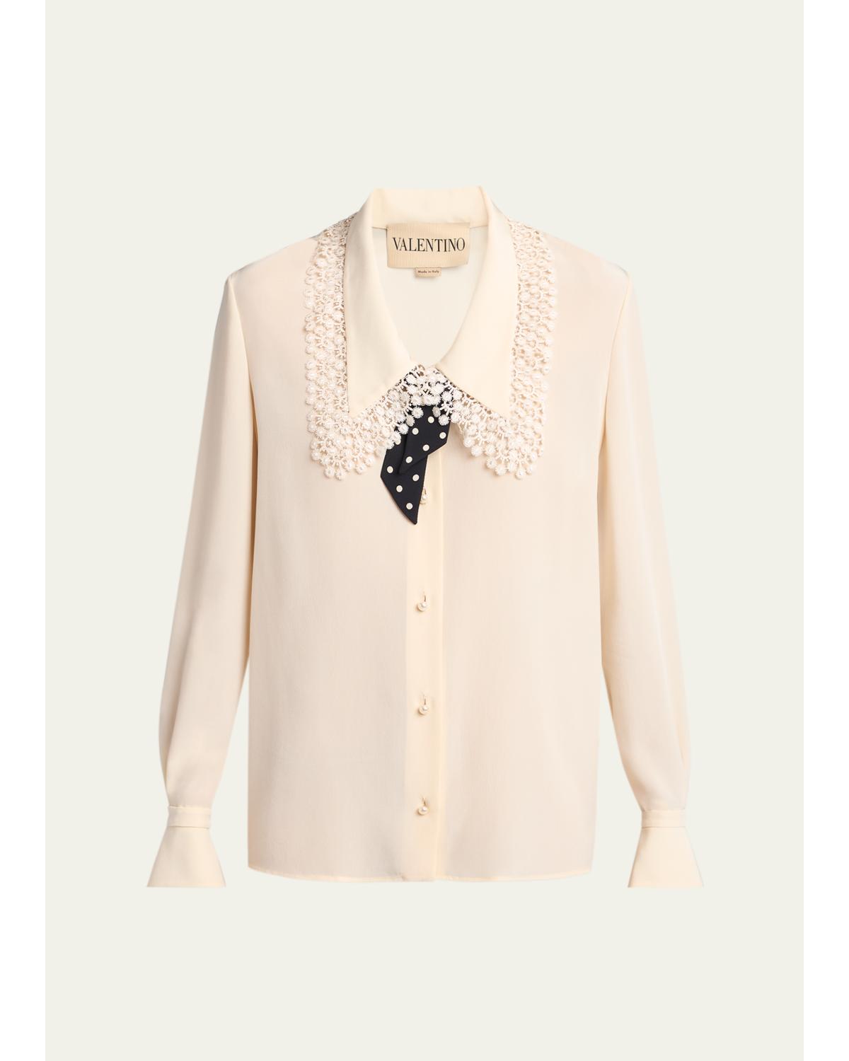 Lace-Trim Button-Down Silk Blouse With Polkadot Tie