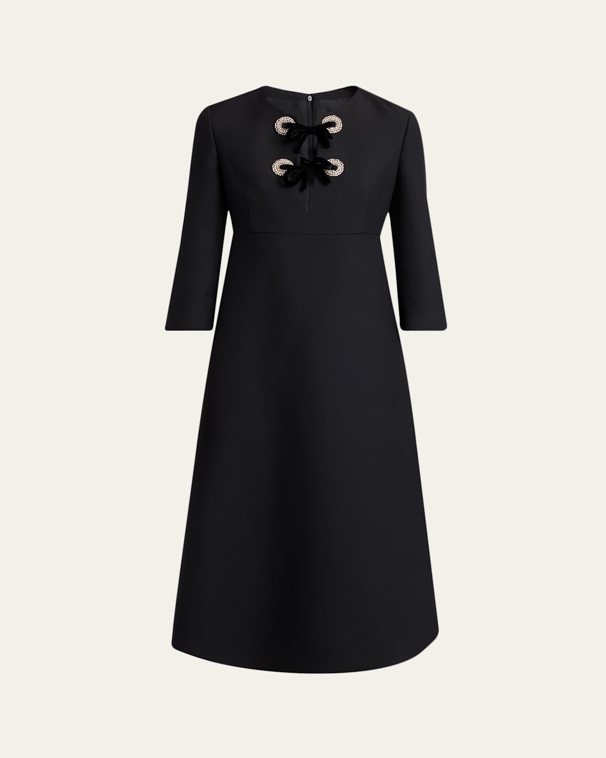 Valentino Crystal Velvet Bow 3/4-sleeve Midi Dress In Black