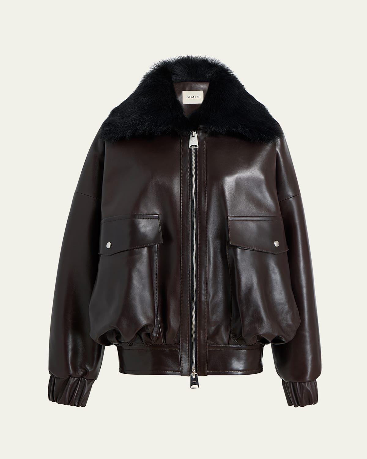 Khaite Daemon Oversized Leather Jacket With Shearling Collar In Brown