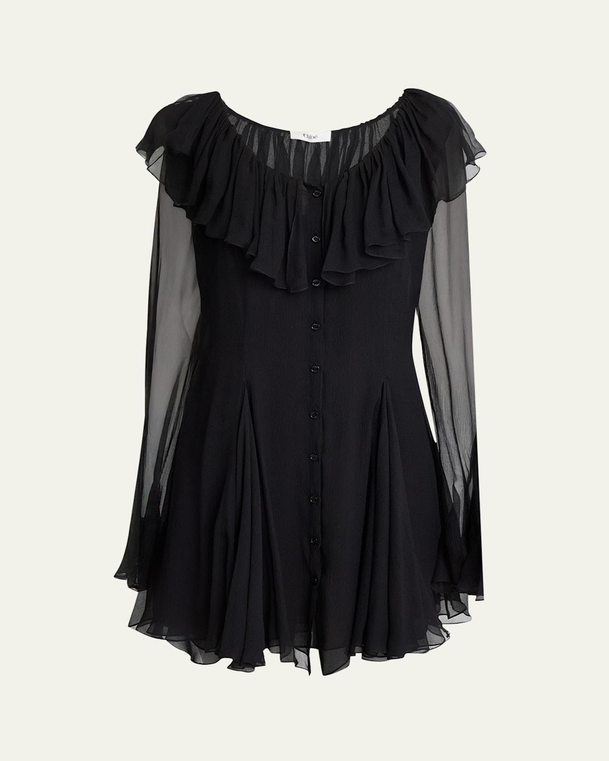 Chloé Ruffle Long-sleeve Silk Mousseline Mini Dress In Black