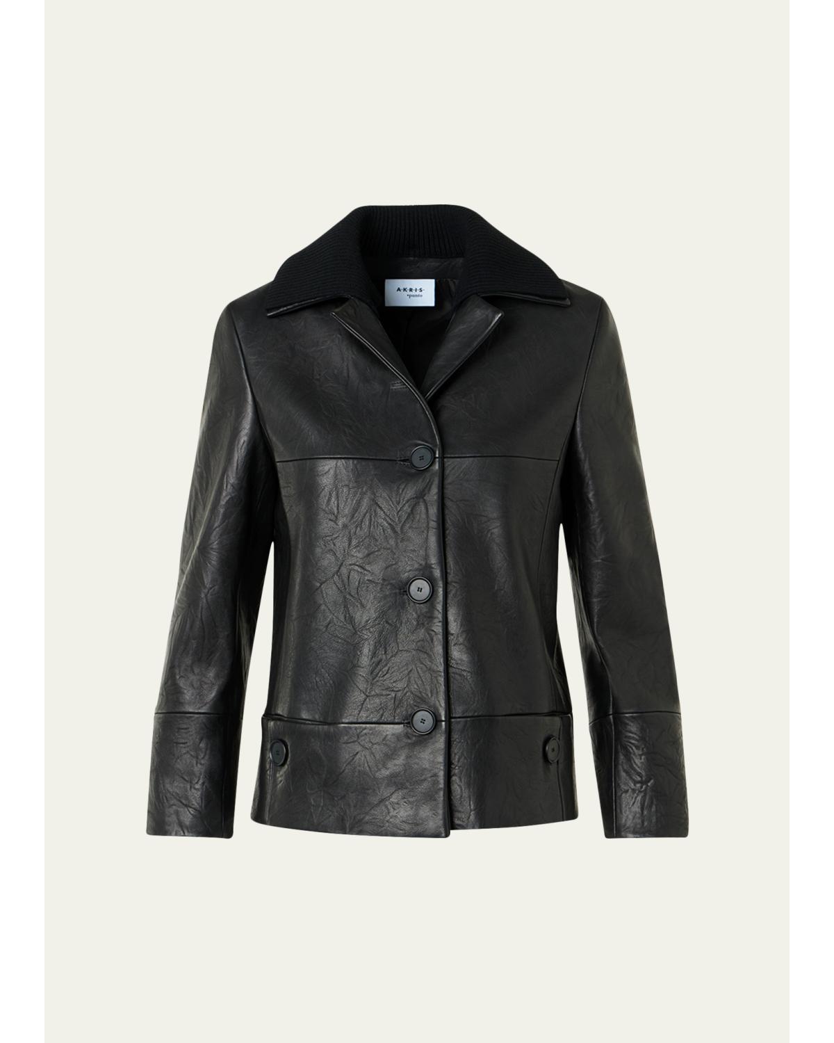 Crinkled Leather Jacket With Detachable Knit Collar