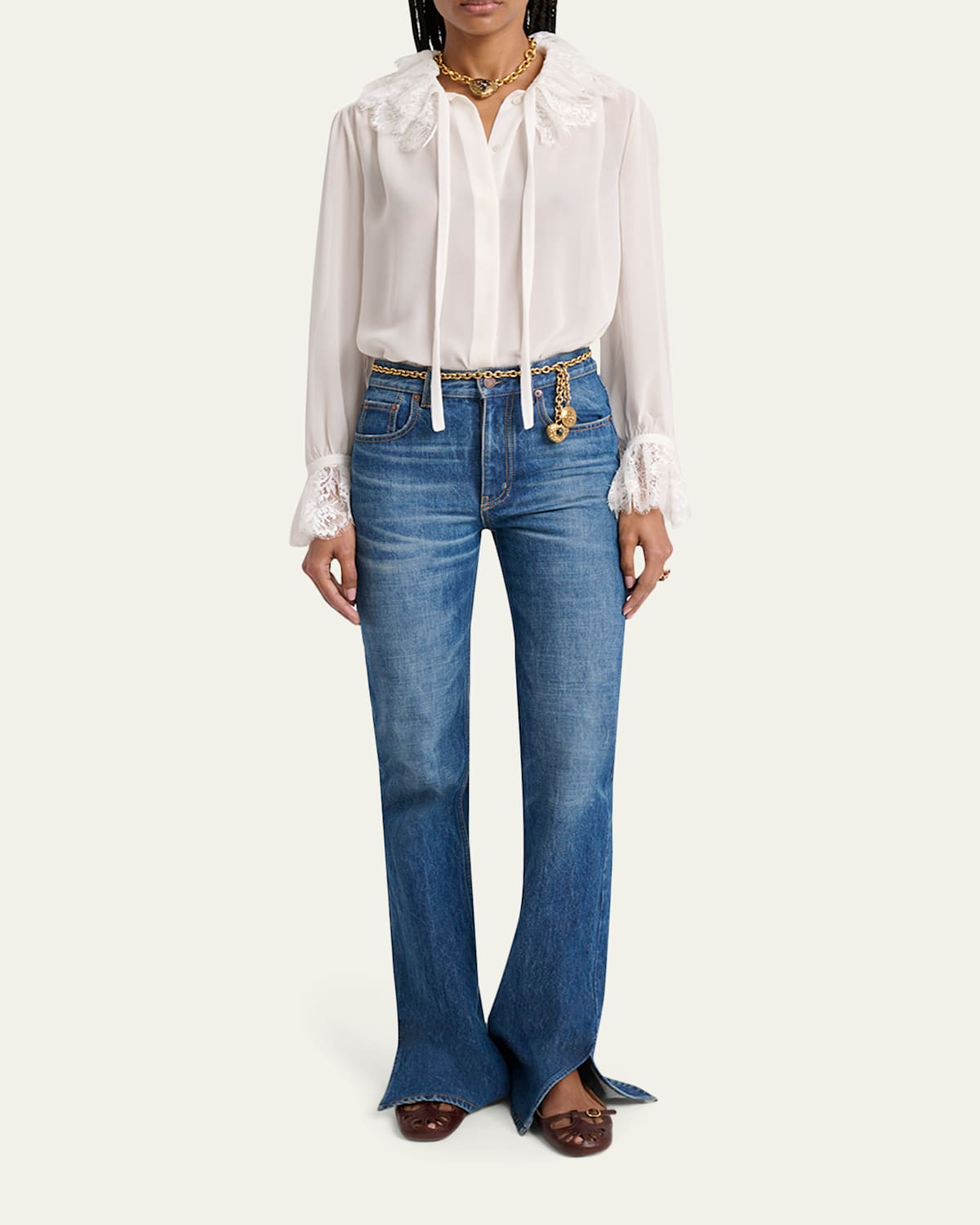 Denim Bootcut-Leg Split-Hem Pants