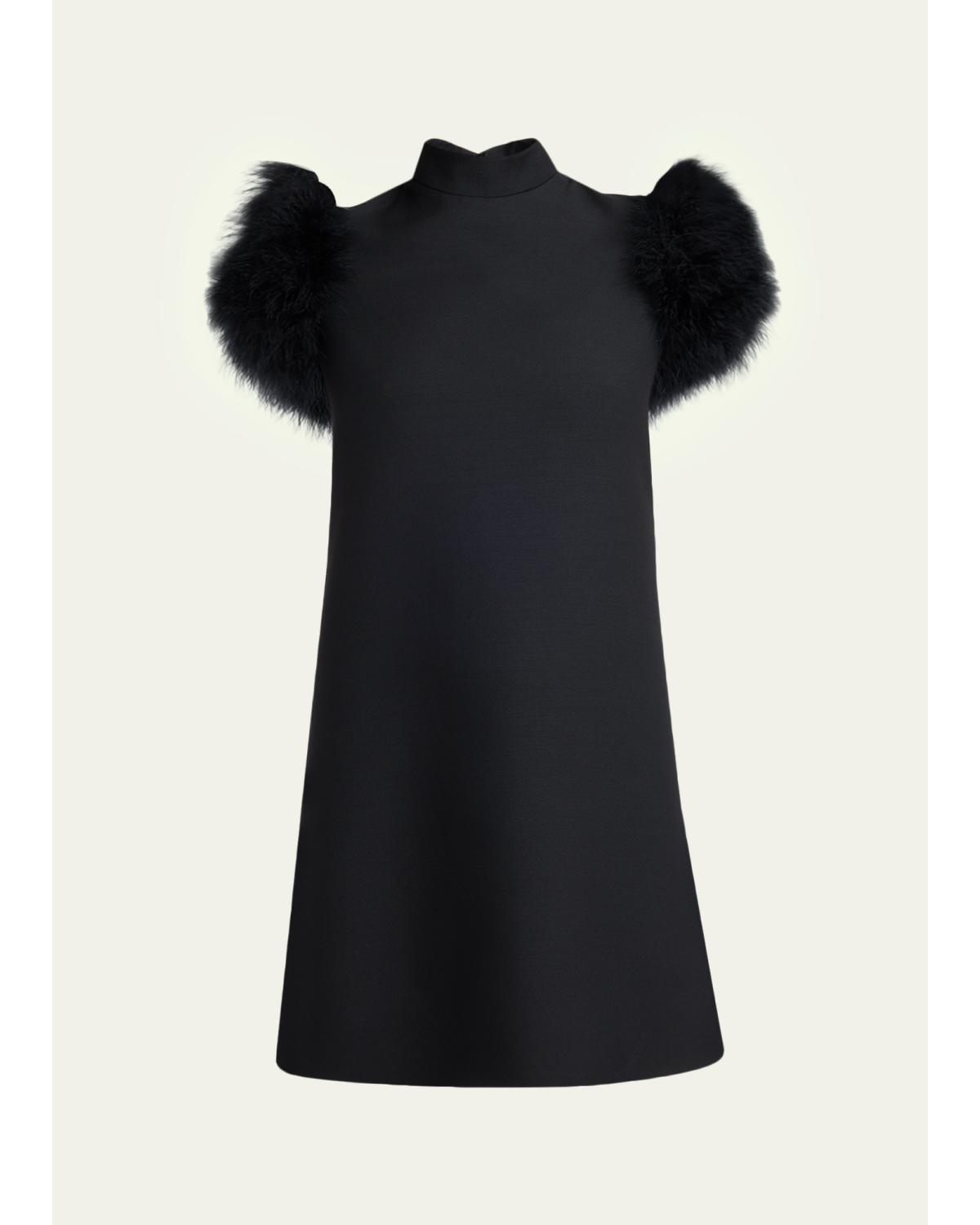 Feather-Sleeve Mock-Neck Mini Dress