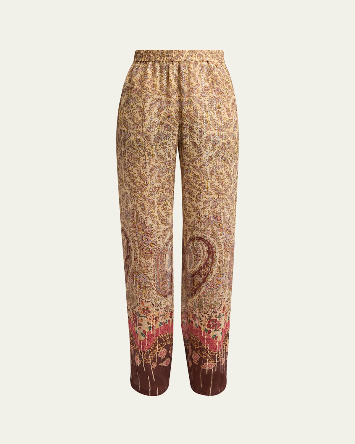 Valentino Garavani Paisley Metallic Silk Straight-Leg Pull-On Pants