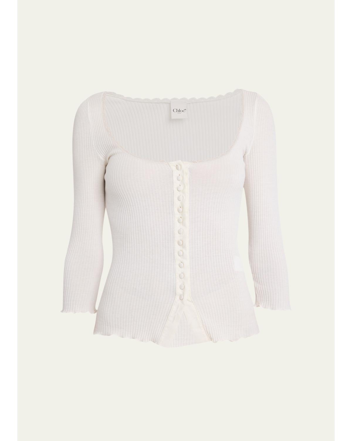 Lace-Trim Ribbed Button Top