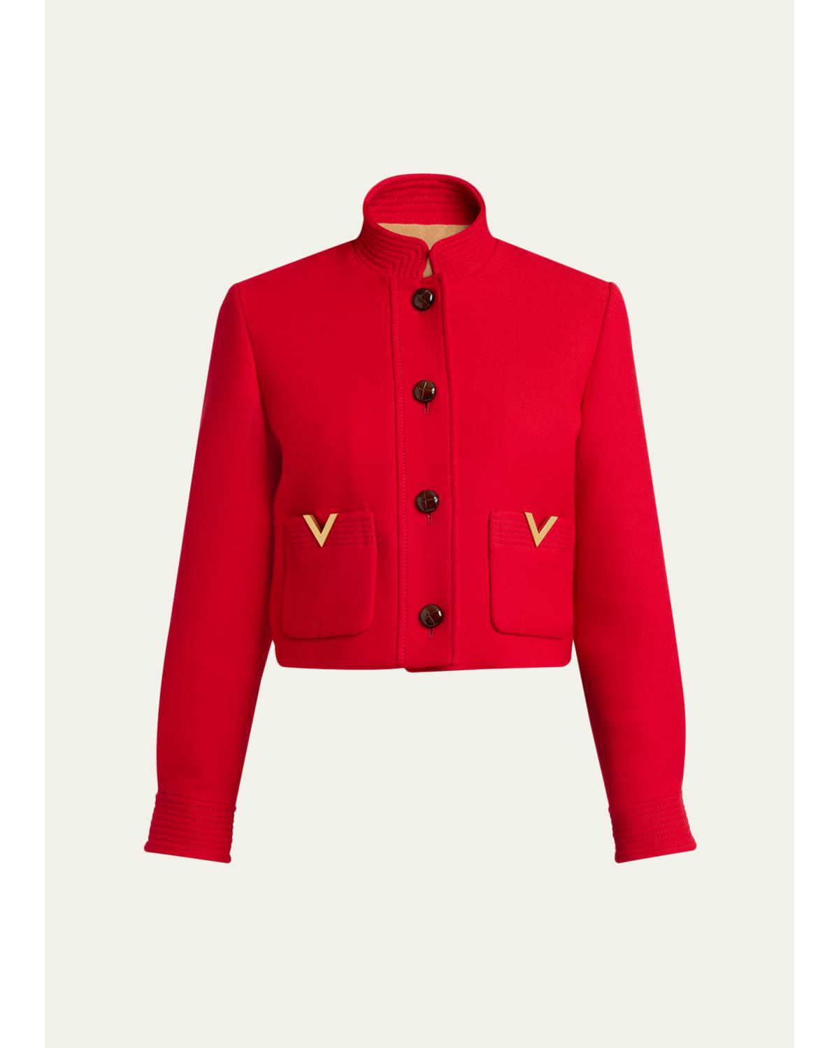 V-Logo Wool-Silk Single-Breasted Peacoat