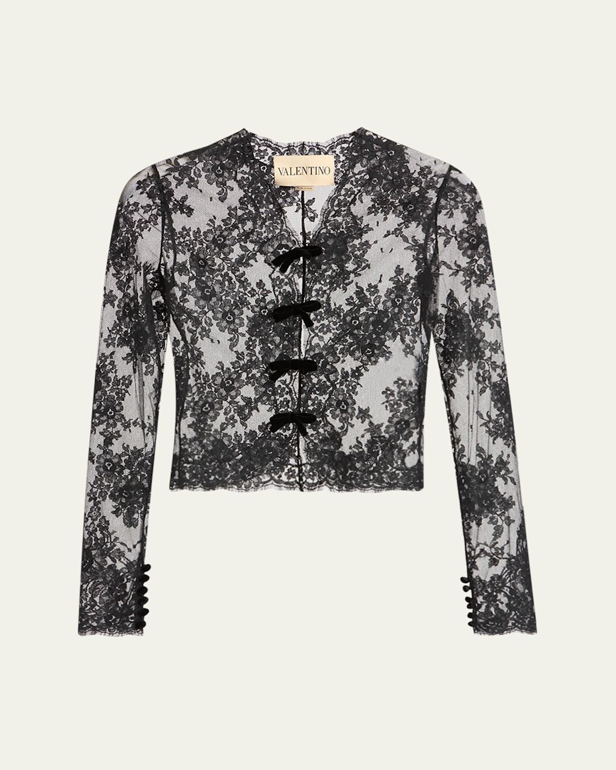 Valentino Mock-neck Sheer Lace Long-sleeve Top In Animal Print