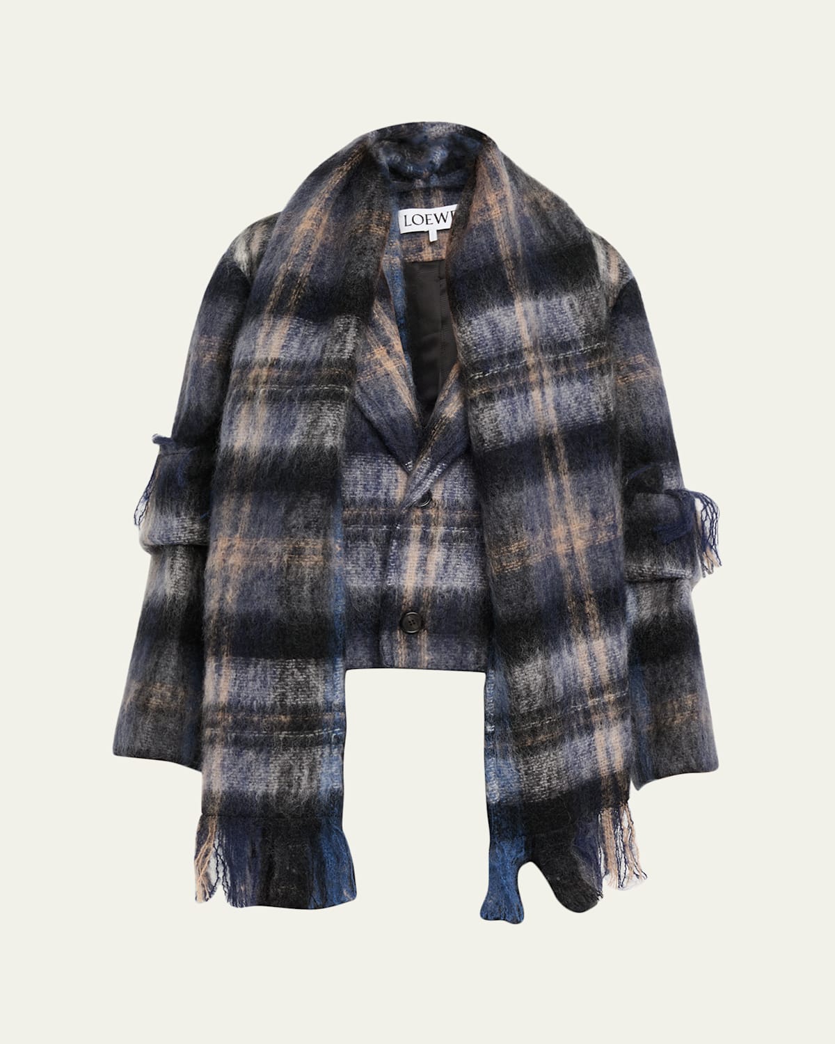 Loewe Check Alpaca Fringe Scarf Jacket In Multi