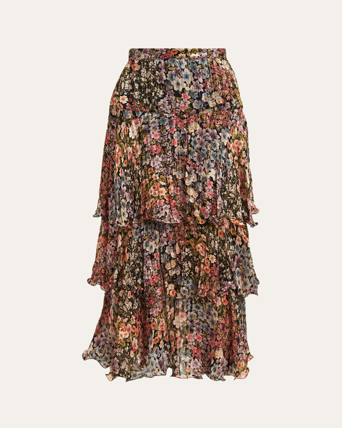 Valentino Garavani Tiered Floral Metallic Silk Midi Skirt