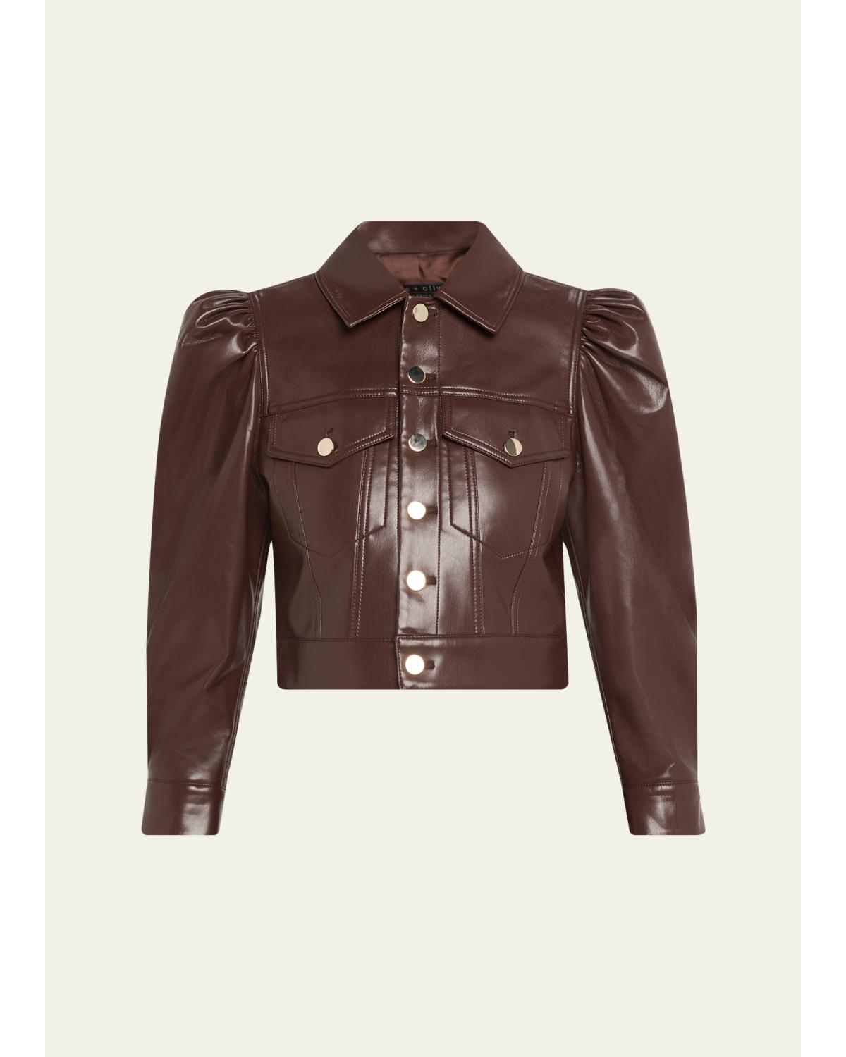 Lana Vegan Leather Puff-Shoulder Jacket
