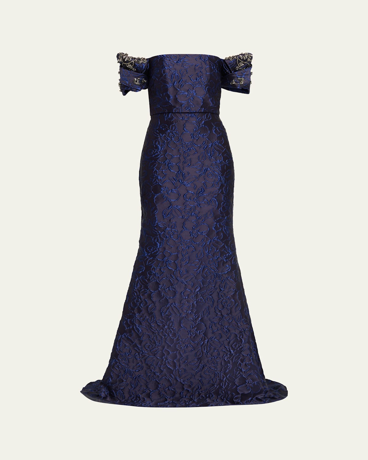 Badgley Mischka Beaded Off-shoulder Jacquard Trumpet Gown In Blue