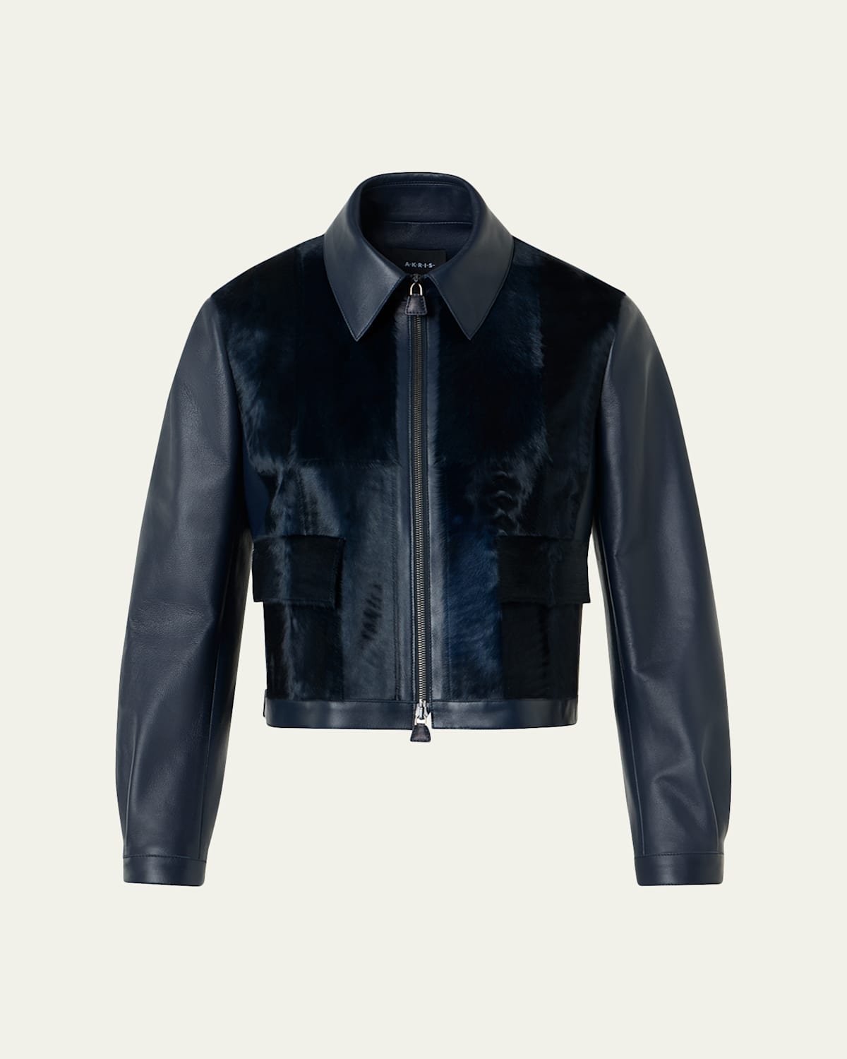 Akris Sady Lamb Shearling Paneled Short Leather Jacket In Blue