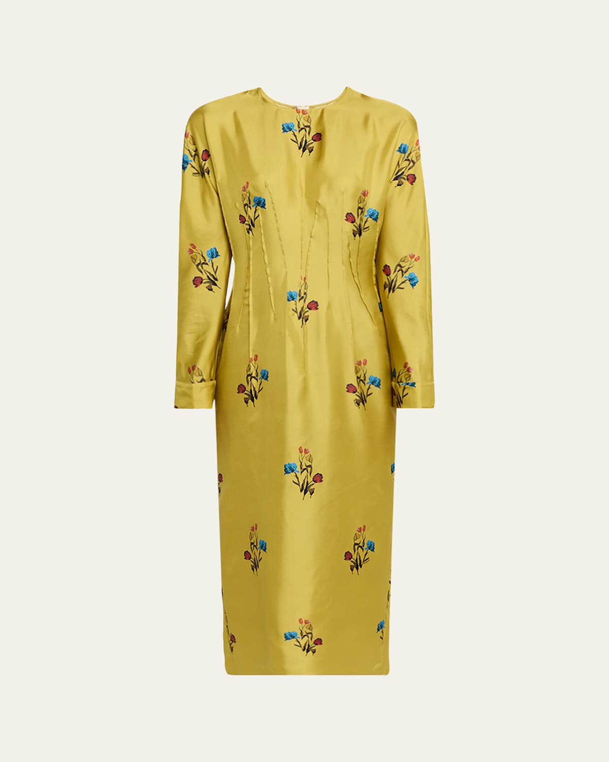 Marni Floral Silk Twill Long-sleeve Maxi Dress In Yellow