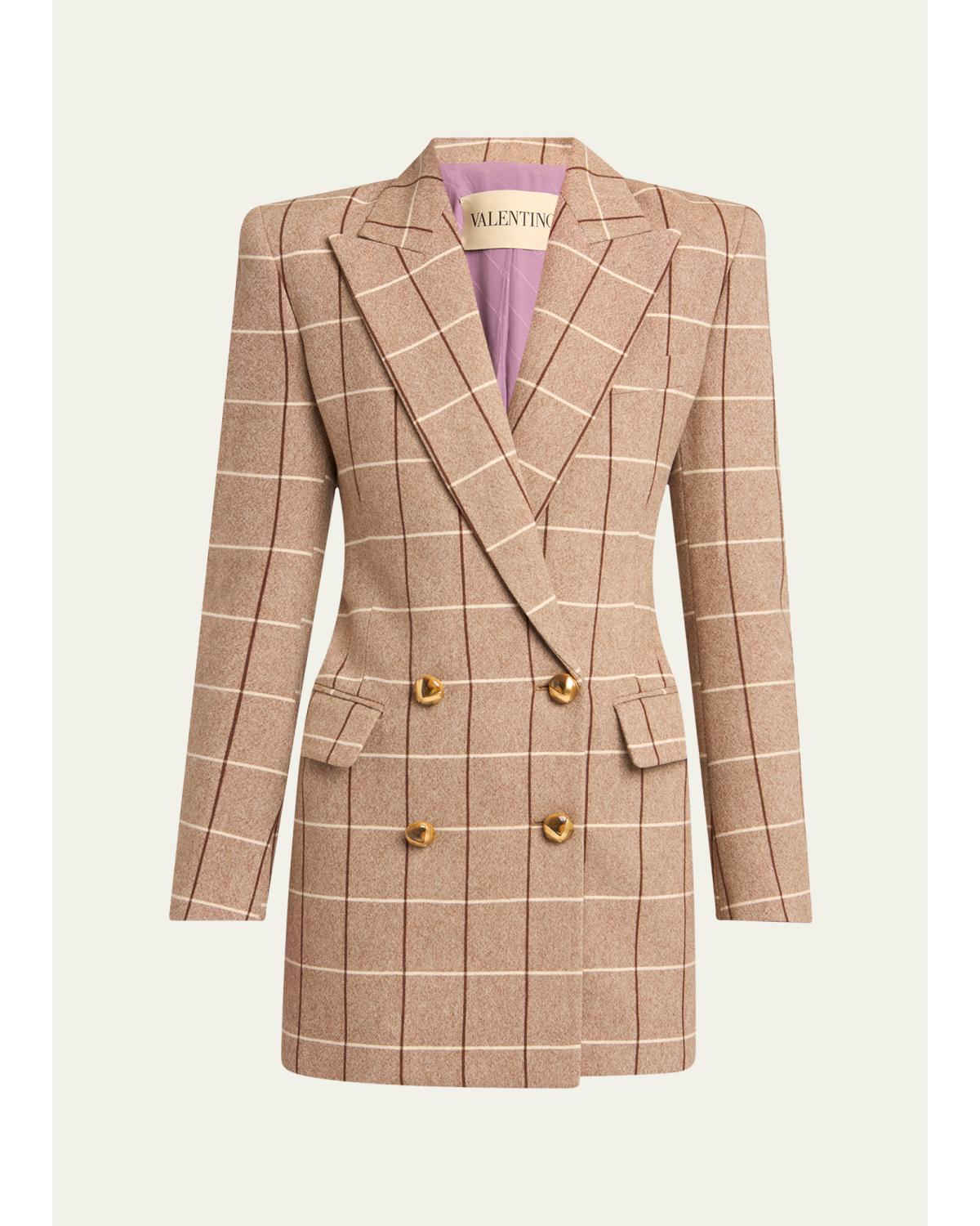 Check Wool Double-Breasted Blazer Jacket