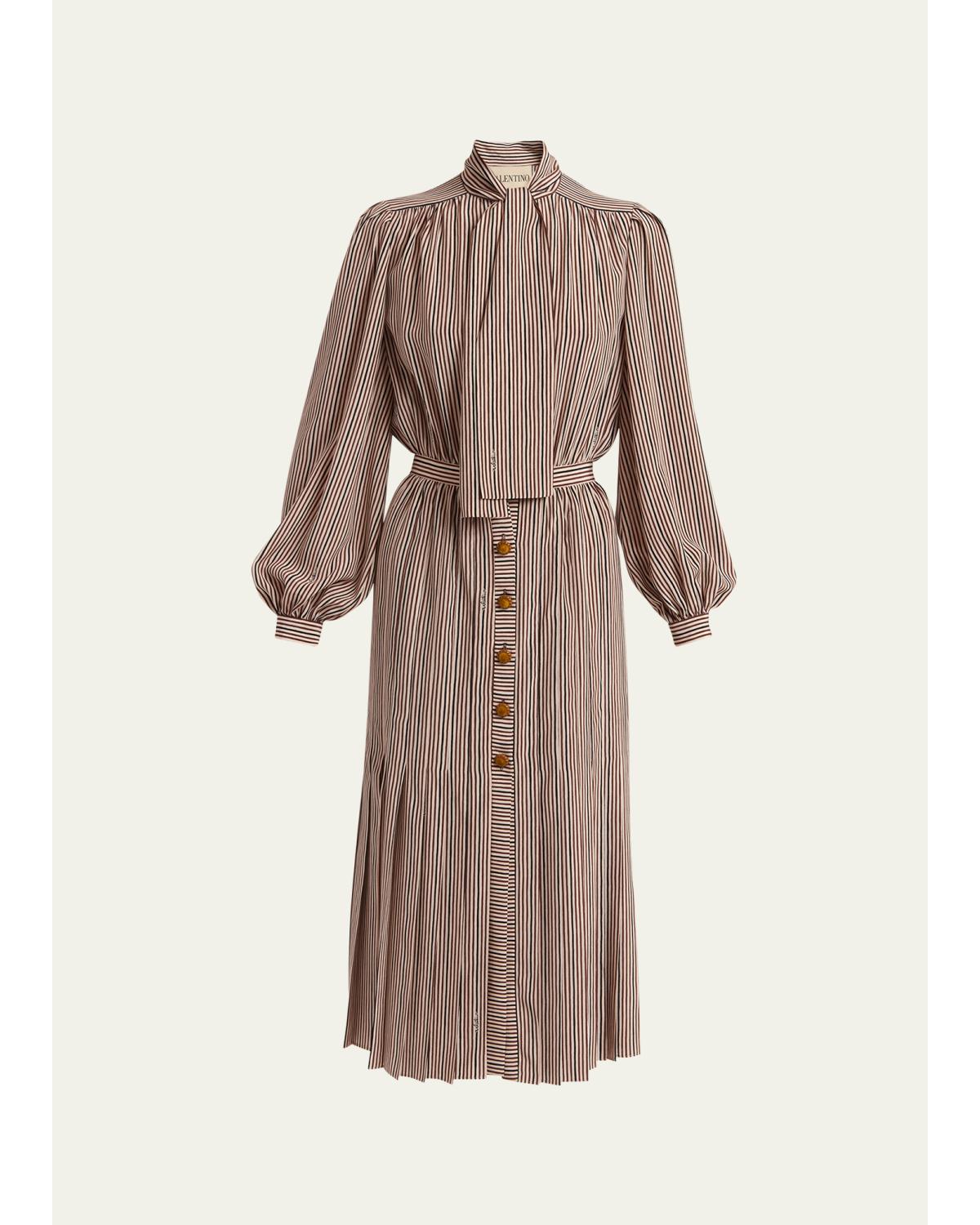 Striped Neck-Scarf Balloon-Sleeve Midi Shirtdress