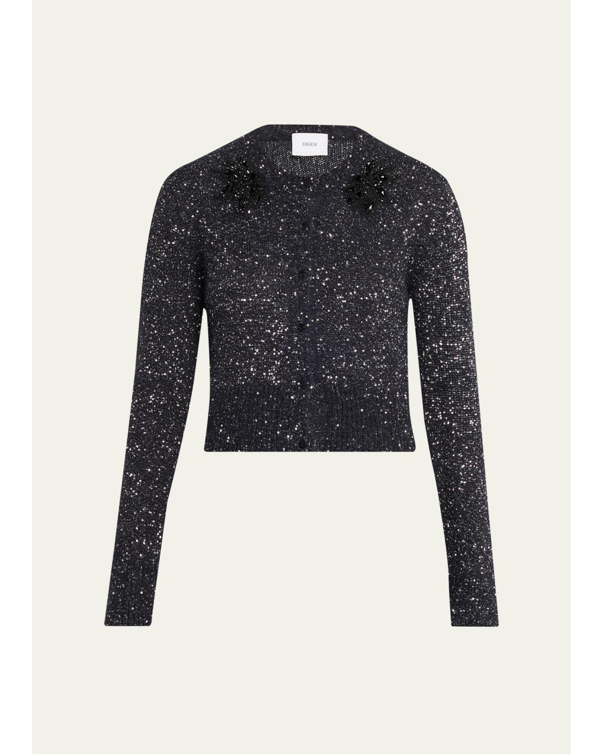 Crystal Embellished Paillette Knit Crop Cardigan