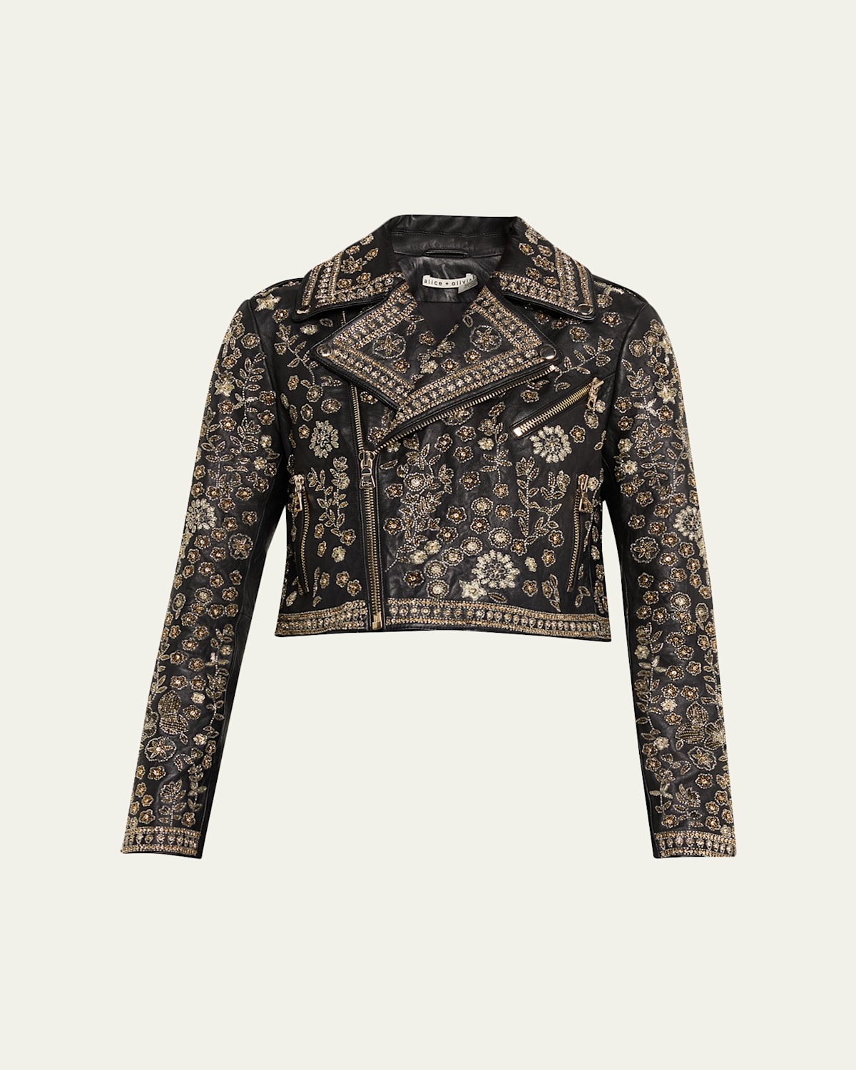 Alice And Olivia Cody Embellished Cropped Leather Moto Jacket In Black