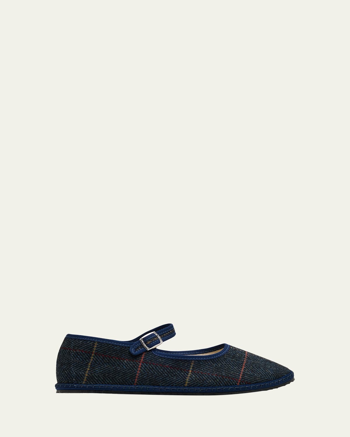 Vibi Venezia Mary Jane Plaid Herringbone Wool-blend Flats In Blue