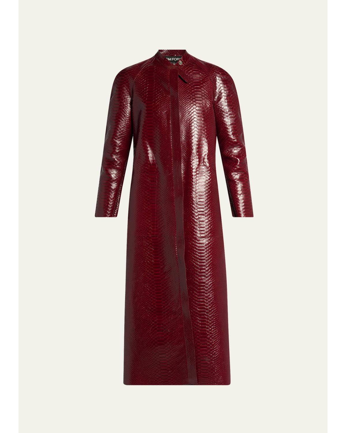 Snake-Embossed Leather Long Coat