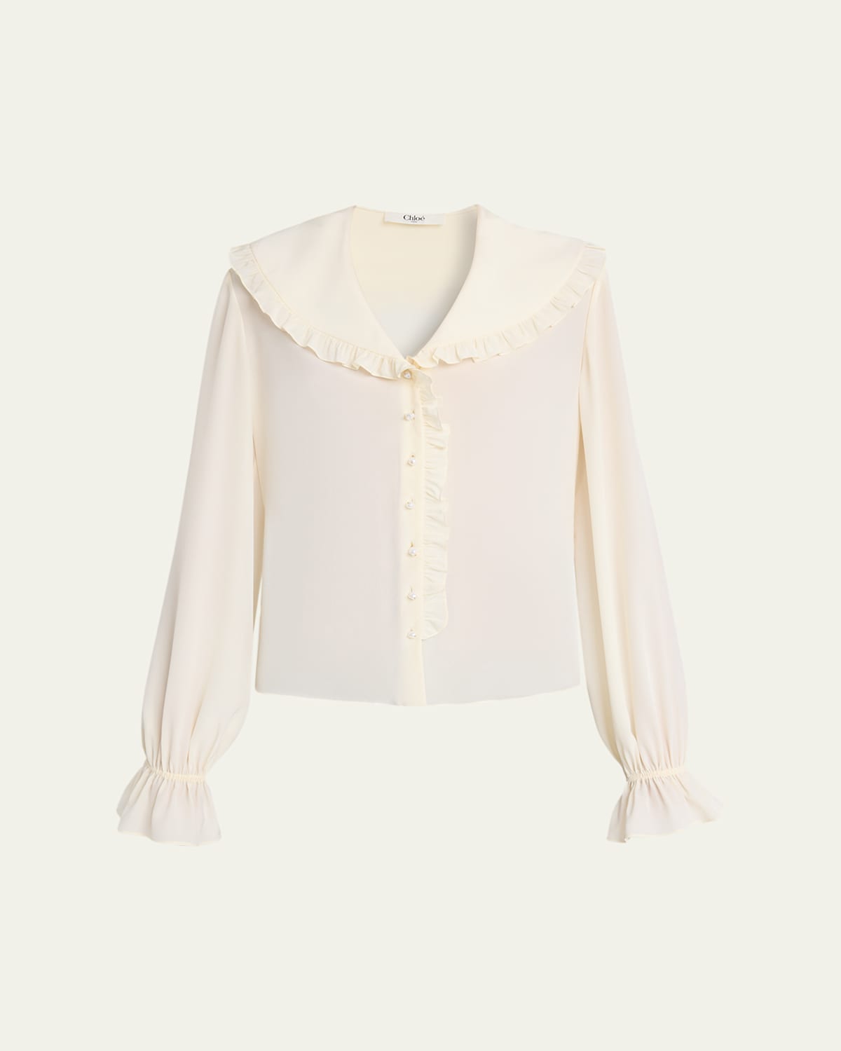 Chloé Bertha-collar Ruffle Button-down Silk Blouse In Neutral