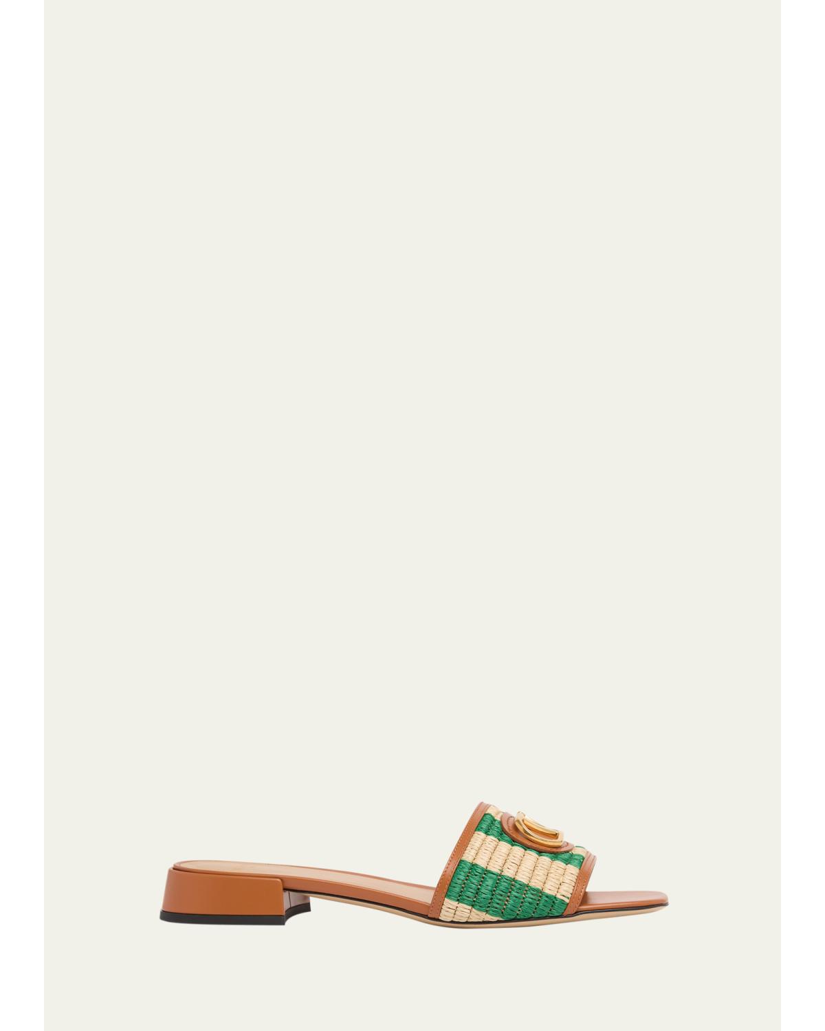 20mm VLogo Leather and Striped Raffia Mule Sandals