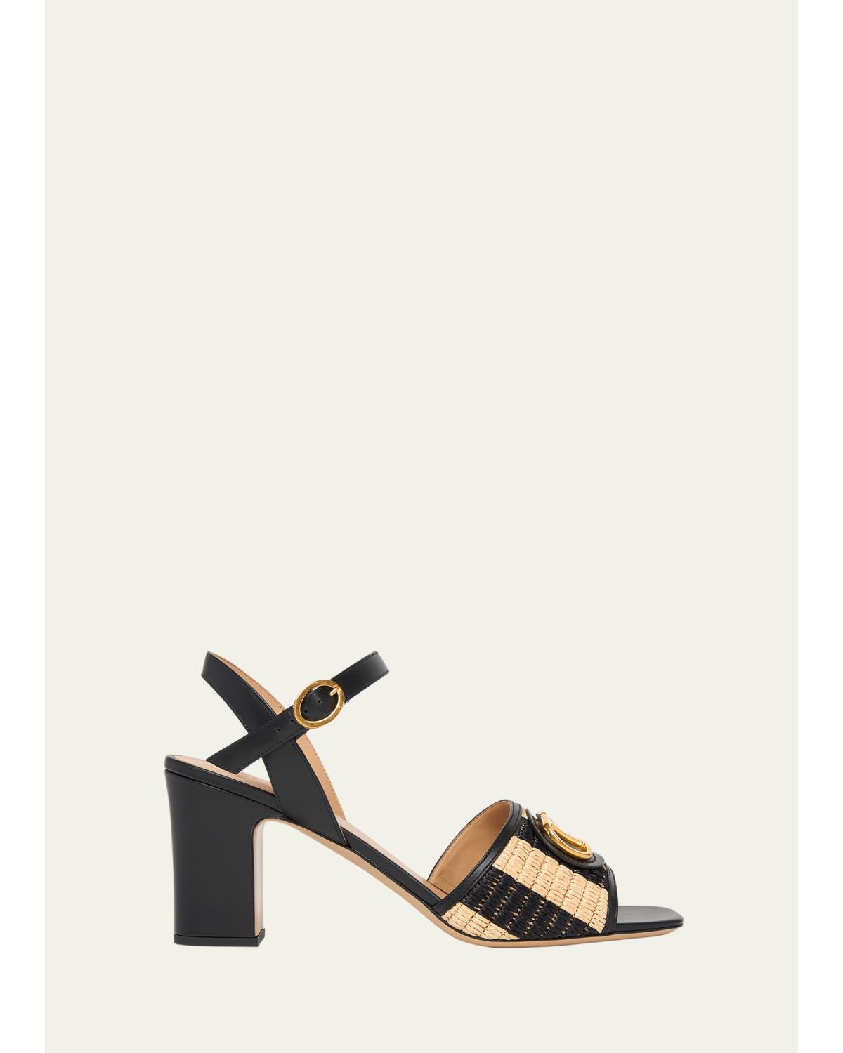 75mm VLogo Leather and Striped Raffia Ankle-Strap Sandals
