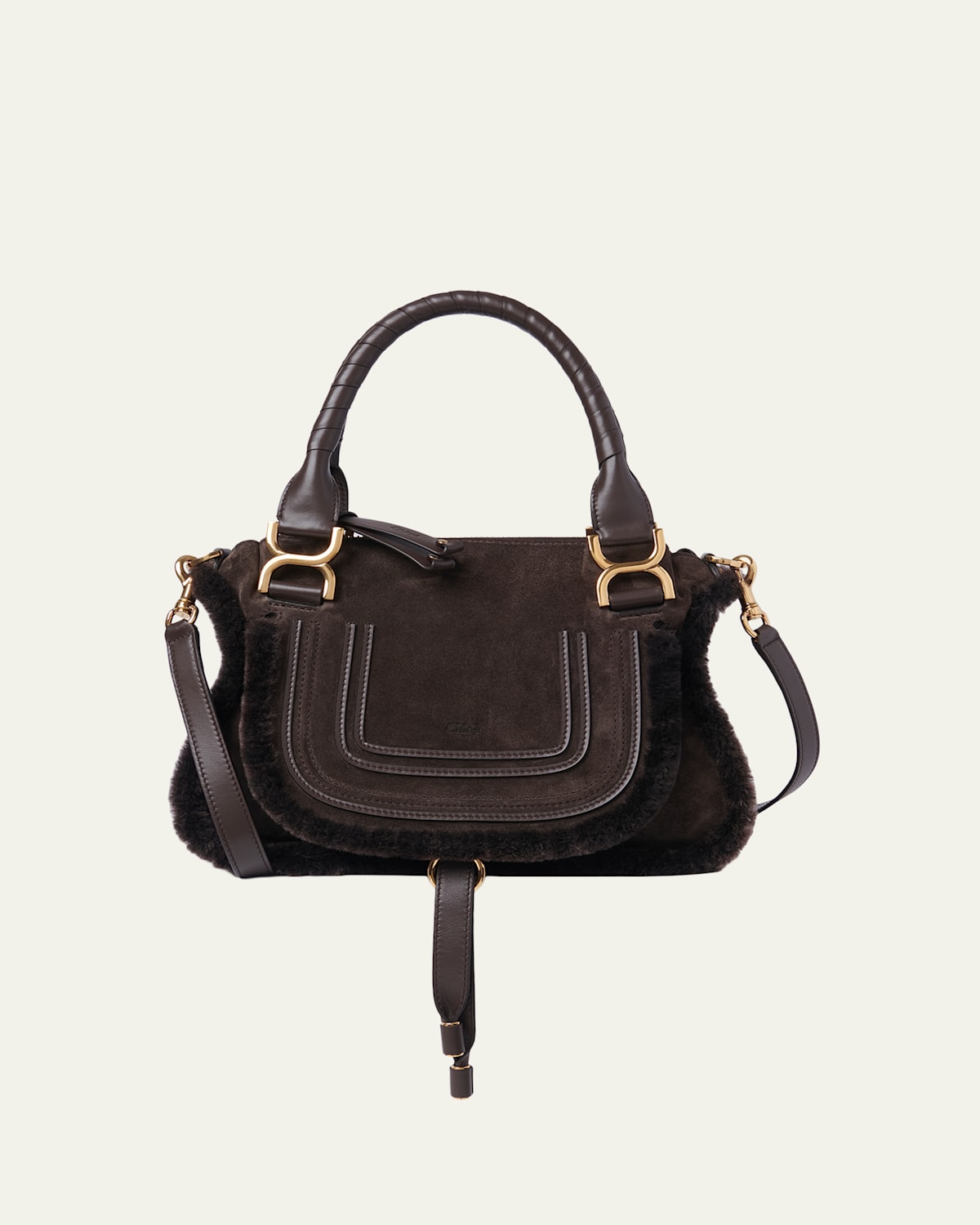 Chloe Marcie Saddle Shoulder Bag in Shearling-Trim Suede