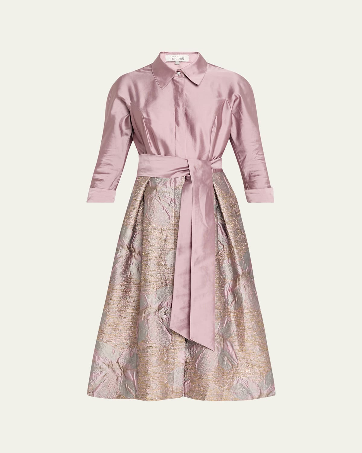 Rickie Freeman For Teri Jon Taffeta Floral Jacquard Midi Shirtdress In Pink