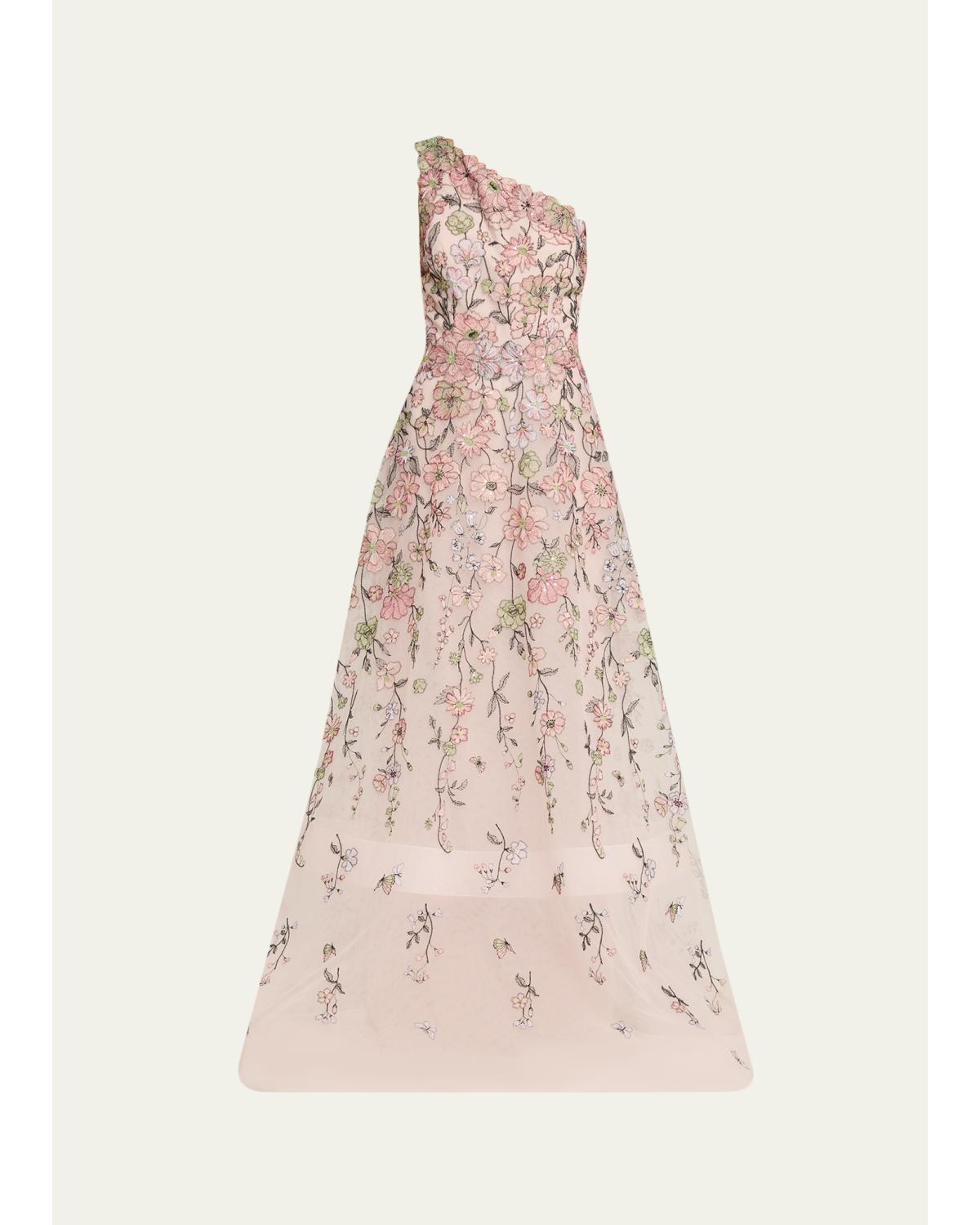 One-Shoulder Embroidered Tulle Gown