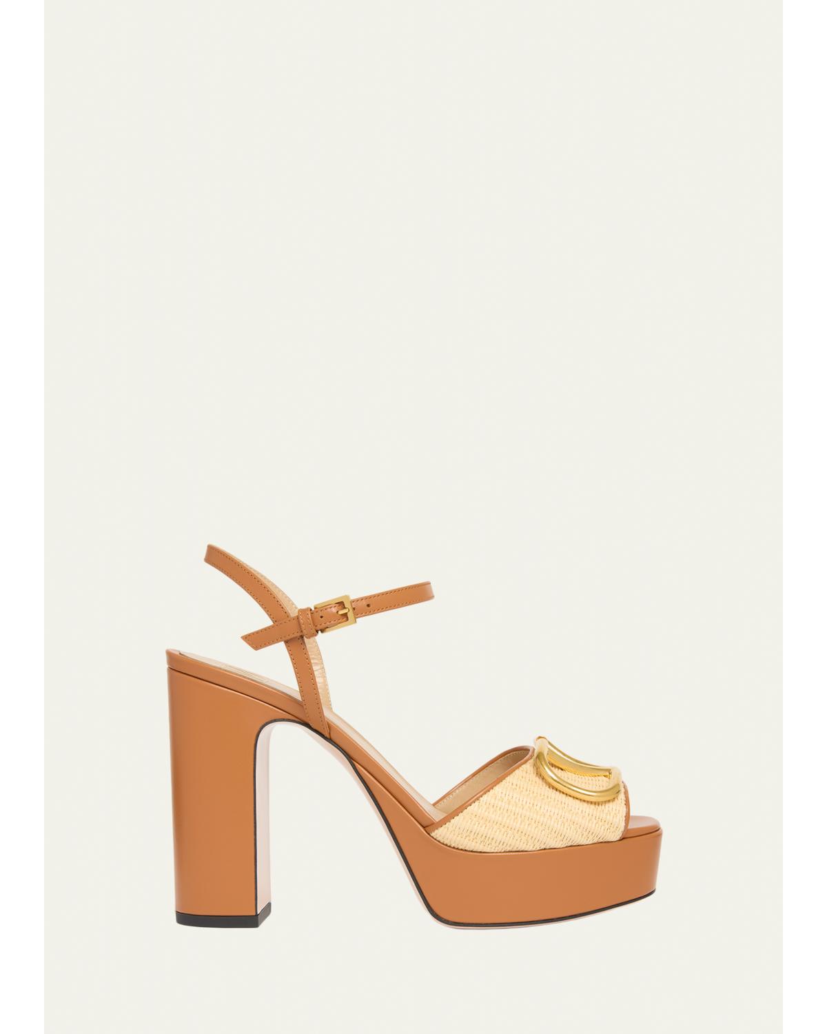 115Mm Vlogo Signature Raffia And Leather Platform Sandals
